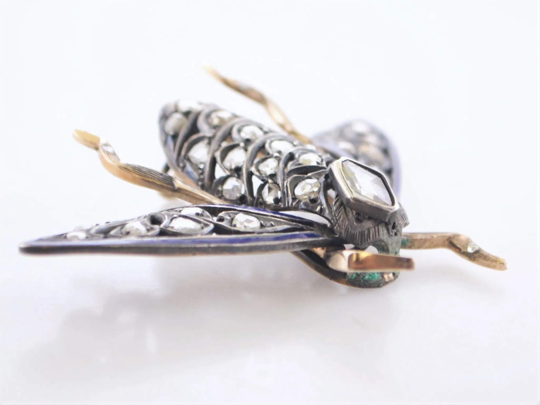 1850s Diamond Bumble Bee Brooch with Blue Enamel in 14K Yellow Gold & Sterling Silver - $15K VALUE