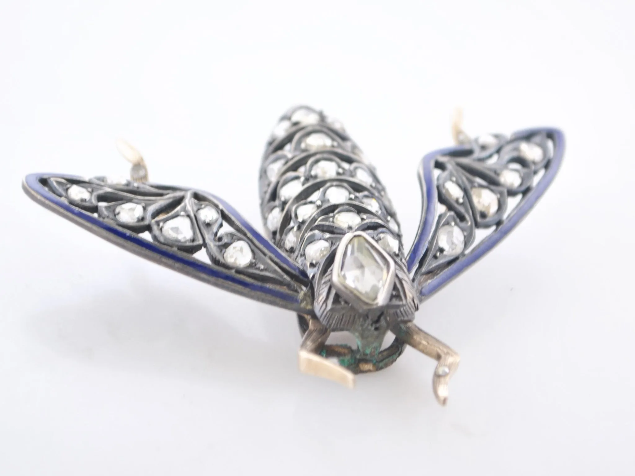 1850s Diamond Bumble Bee Brooch with Blue Enamel in 14K Yellow Gold & Sterling Silver - $15K VALUE