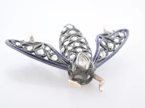 1850s Diamond Bumble Bee Brooch with Blue Enamel in 14K Yellow Gold & Sterling Silver - $15K VALUE