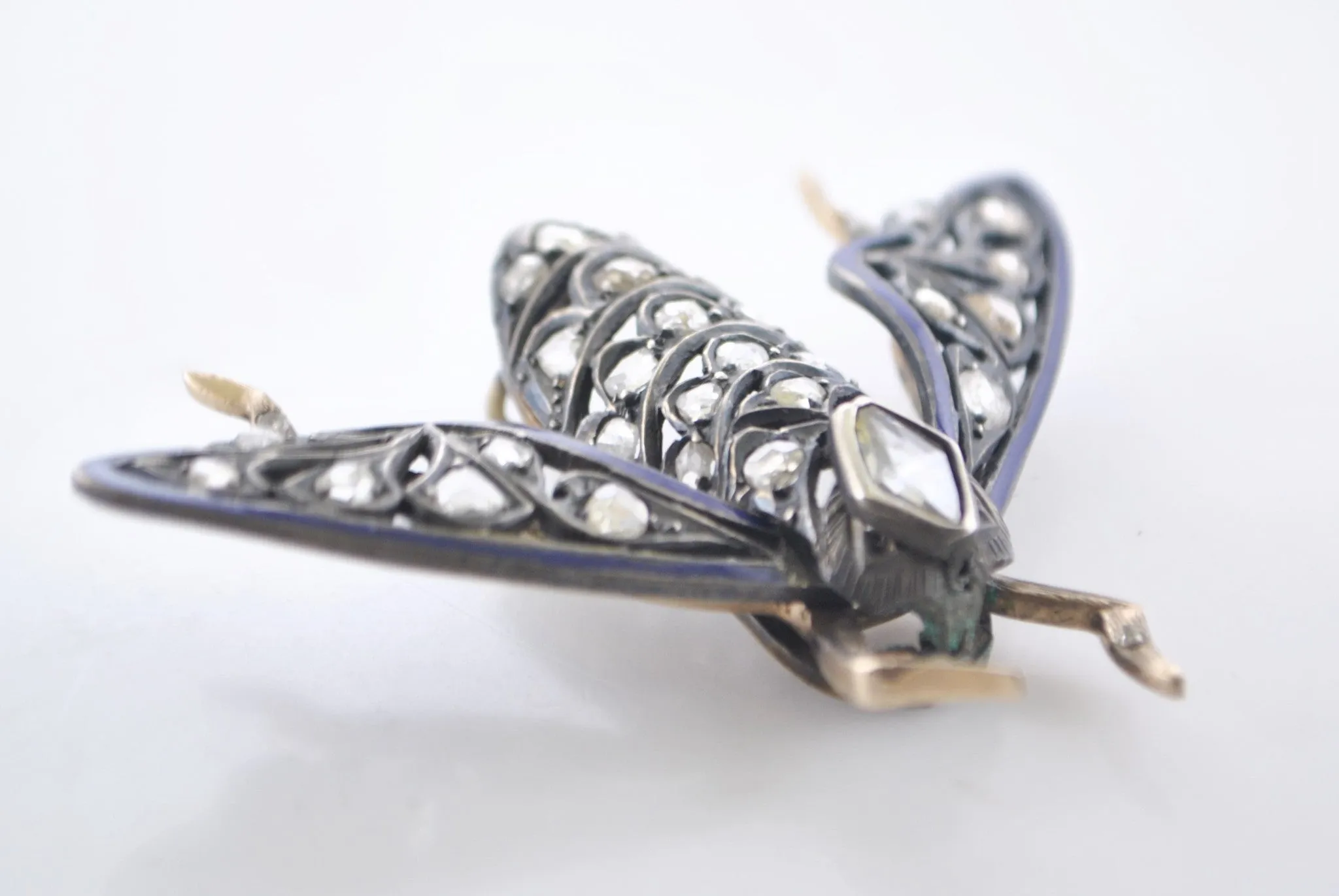 1850s Diamond Bumble Bee Brooch with Blue Enamel in 14K Yellow Gold & Sterling Silver - $15K VALUE