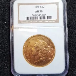 1860 $20 Liberty Head Double Eagle AU-58 (NGC)- $15K APR Value w/ CoA! ✿✓
