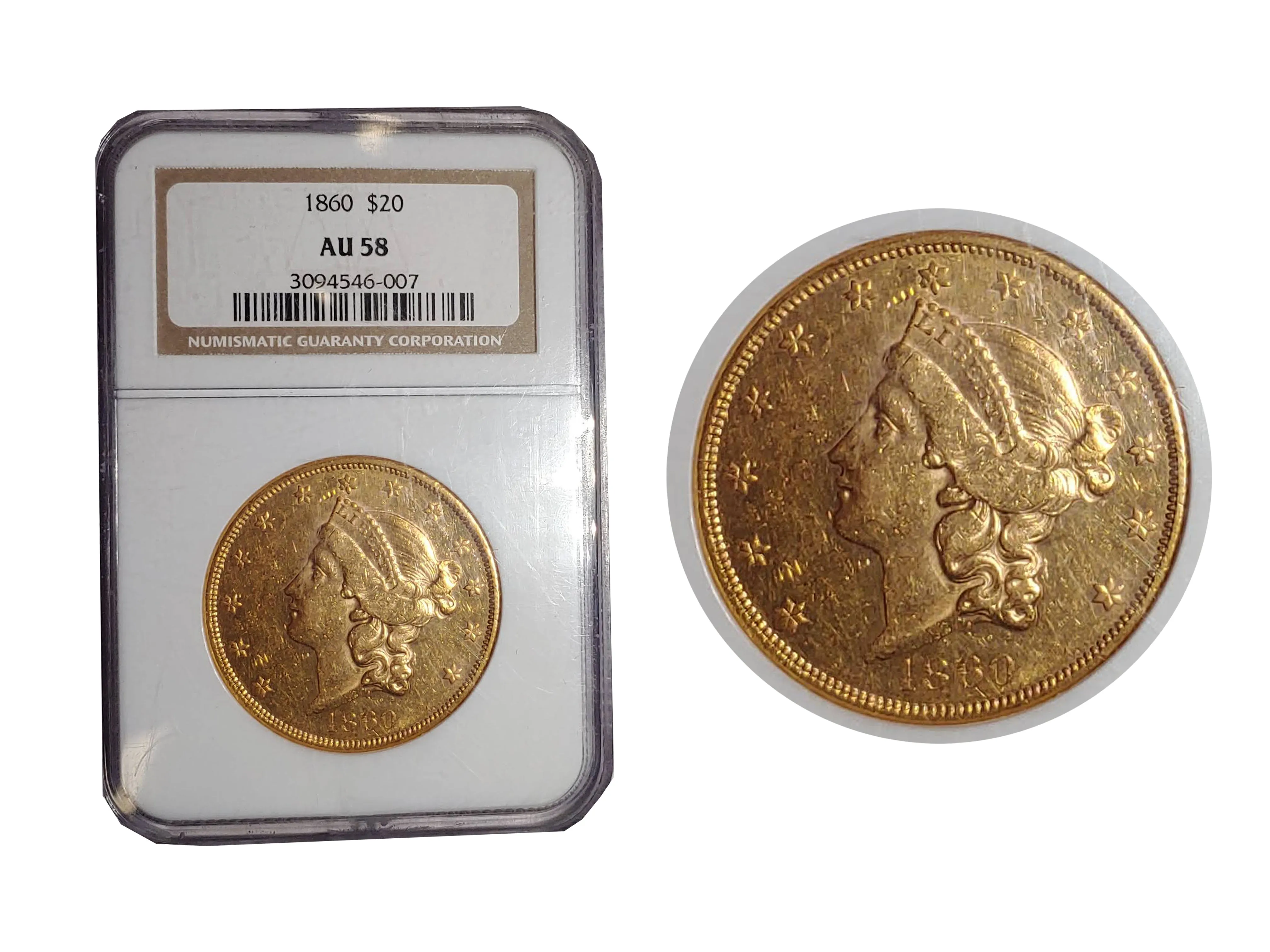 1860 $20 Liberty Head Double Eagle AU-58 (NGC)- $15K APR Value w/ CoA! ✿✓