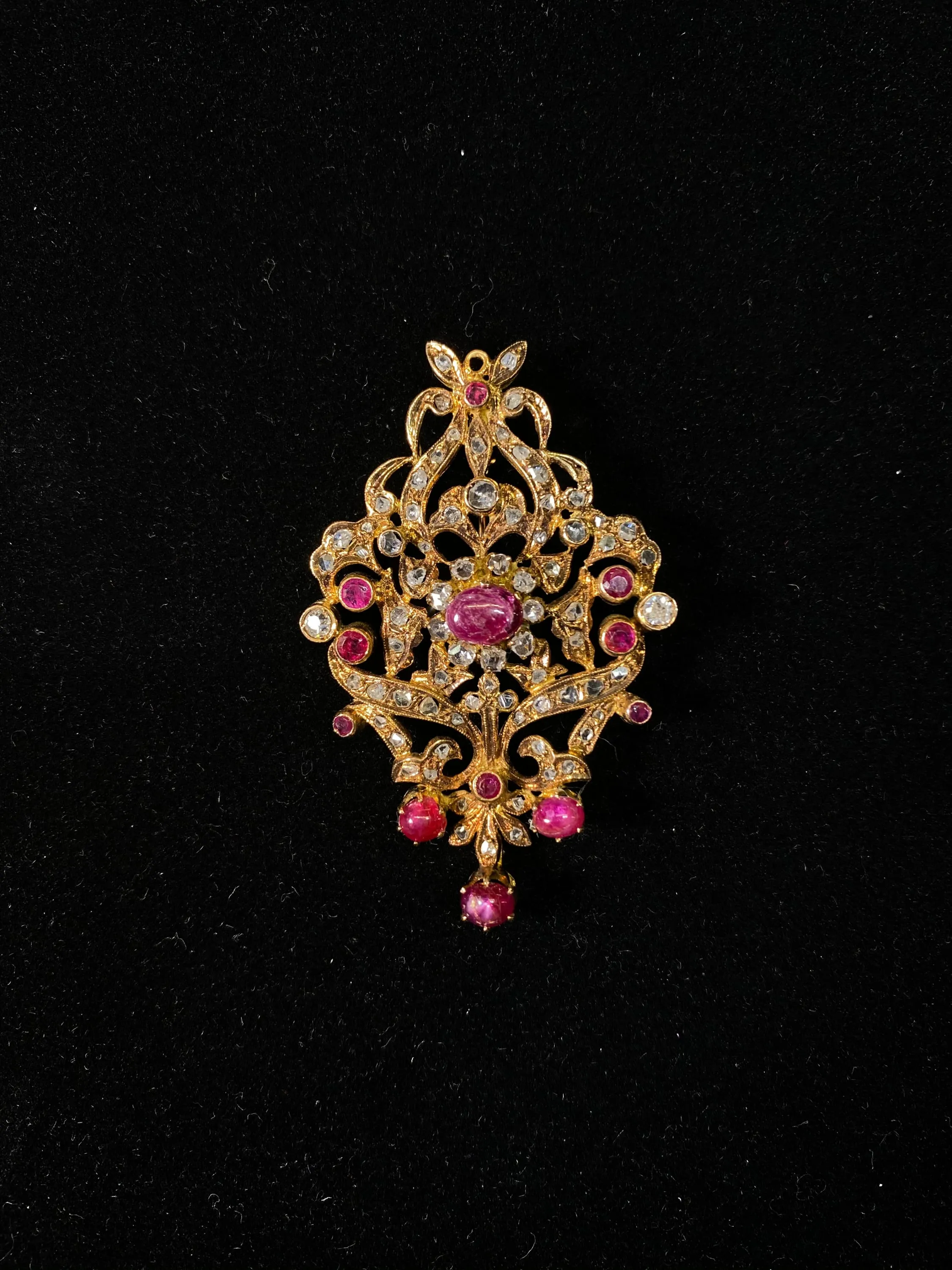 1900’s Antique Design Solid Rose Gold Brooch w/ 77-Diamonds & 12 Rubies! - $25K Appraisal Value w/CoA }