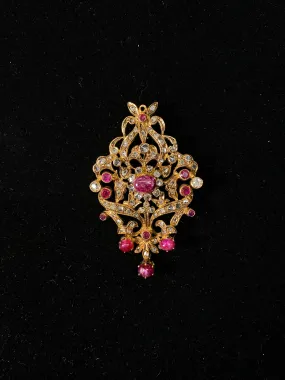 1900’s Antique Design Solid Rose Gold Brooch w/ 77-Diamonds & 12 Rubies! - $25K Appraisal Value w/CoA }