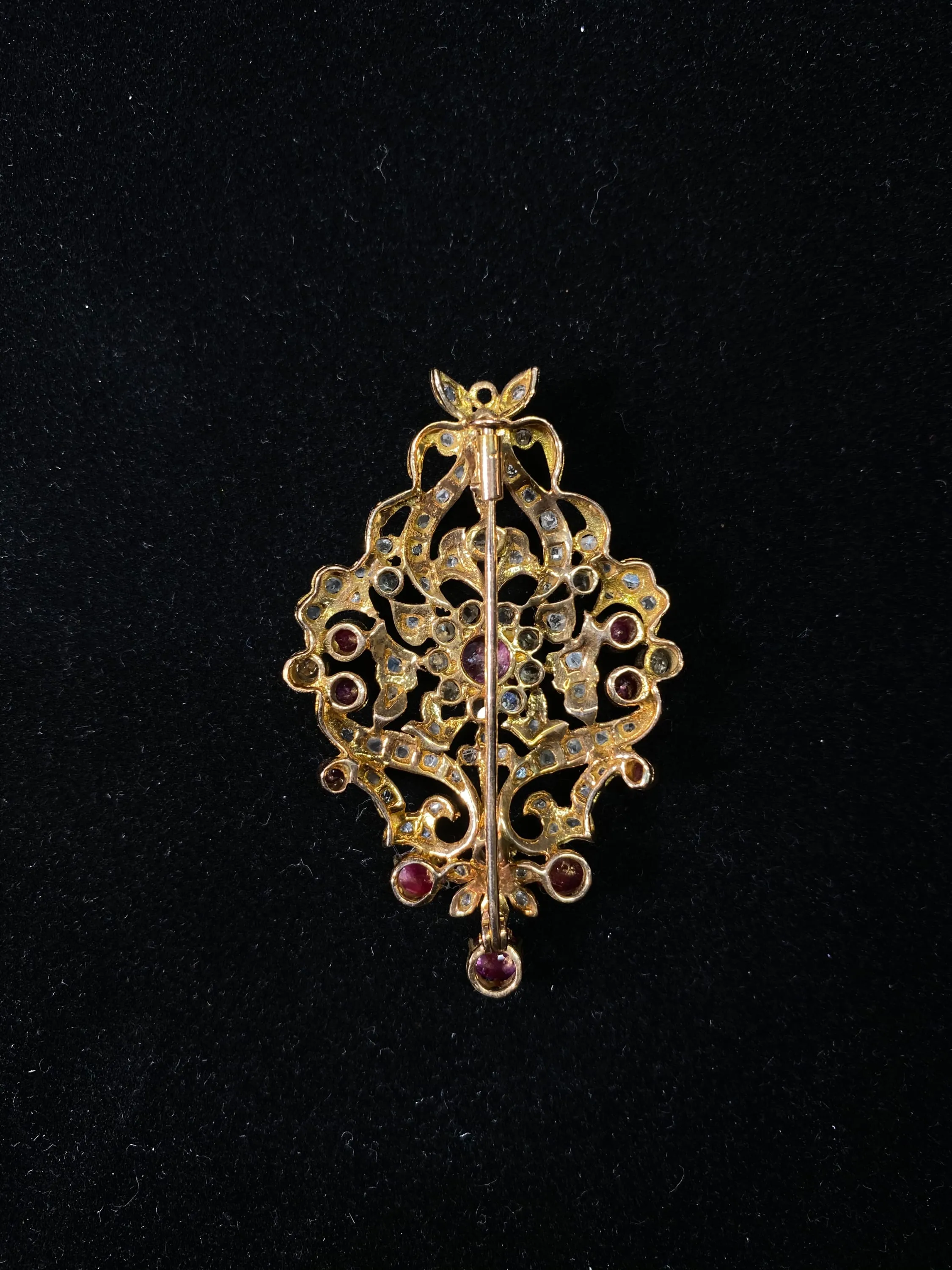 1900’s Antique Design Solid Rose Gold Brooch w/ 77-Diamonds & 12 Rubies! - $25K Appraisal Value w/CoA }