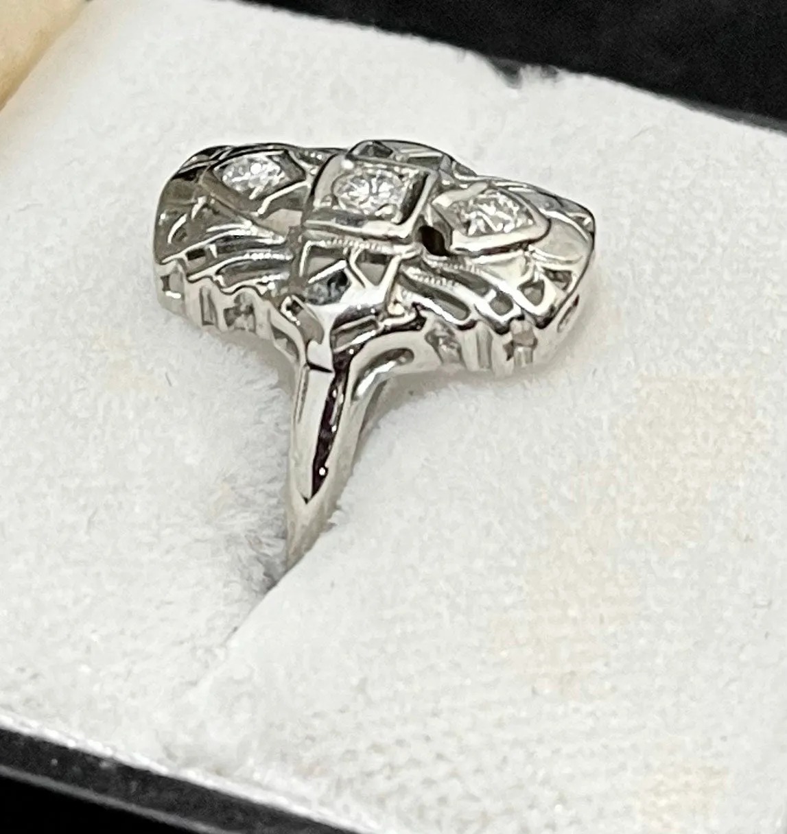 1920s Handmade Victorian-style 18K White Gold Filigree Diamond Ring - $6K APR Value w/CoA!
