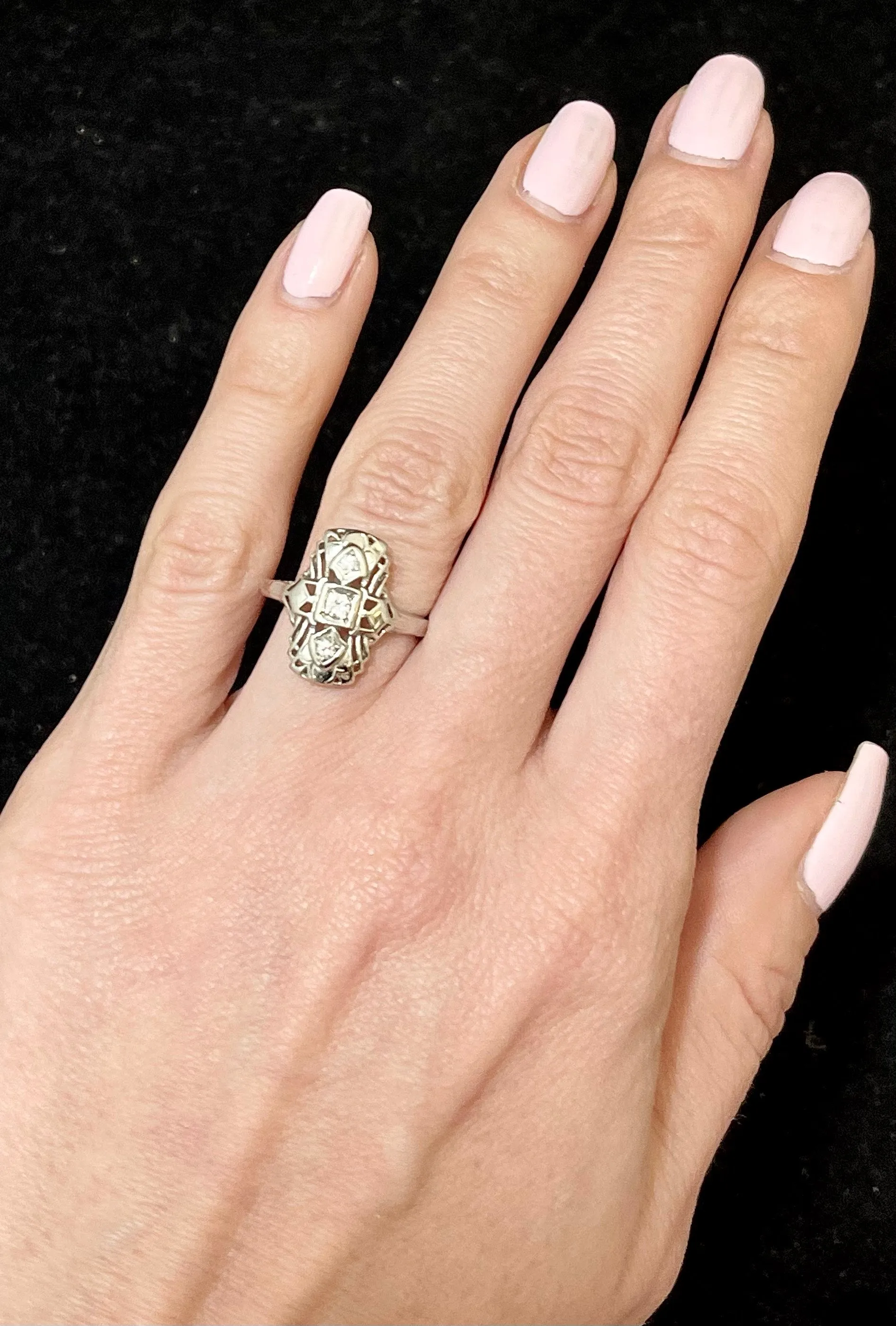 1920s Handmade Victorian-style 18K White Gold Filigree Diamond Ring - $6K APR Value w/CoA!