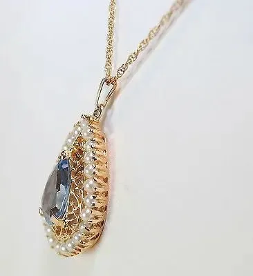 1960s Vintage Blue Topaz & Pearl Teardrop Pendant with 14K Yellow Gold Chain - $5K VALUE