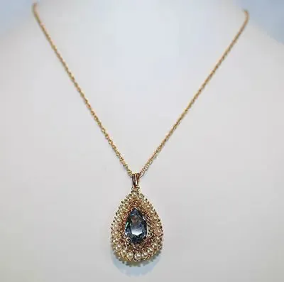 1960s Vintage Blue Topaz & Pearl Teardrop Pendant with 14K Yellow Gold Chain - $5K VALUE