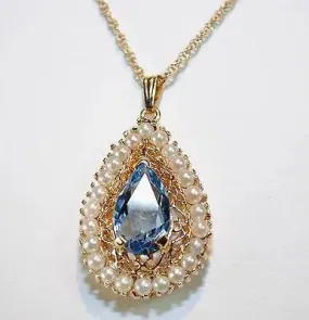 1960s Vintage Blue Topaz & Pearl Teardrop Pendant with 14K Yellow Gold Chain - $5K VALUE