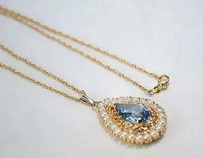 1960s Vintage Blue Topaz & Pearl Teardrop Pendant with 14K Yellow Gold Chain - $5K VALUE