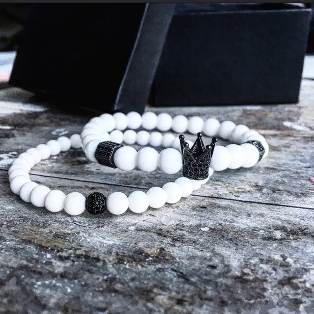 2pcs/set Men Woman Bead Bracelet Crown Charm Bangle Natural  Beads Buddha Bracelet for Women and Mens Pulseras Masculina