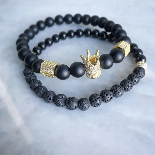 2pcs/set Men Woman Bead Bracelet Crown Charm Bangle Natural  Beads Buddha Bracelet for Women and Mens Pulseras Masculina