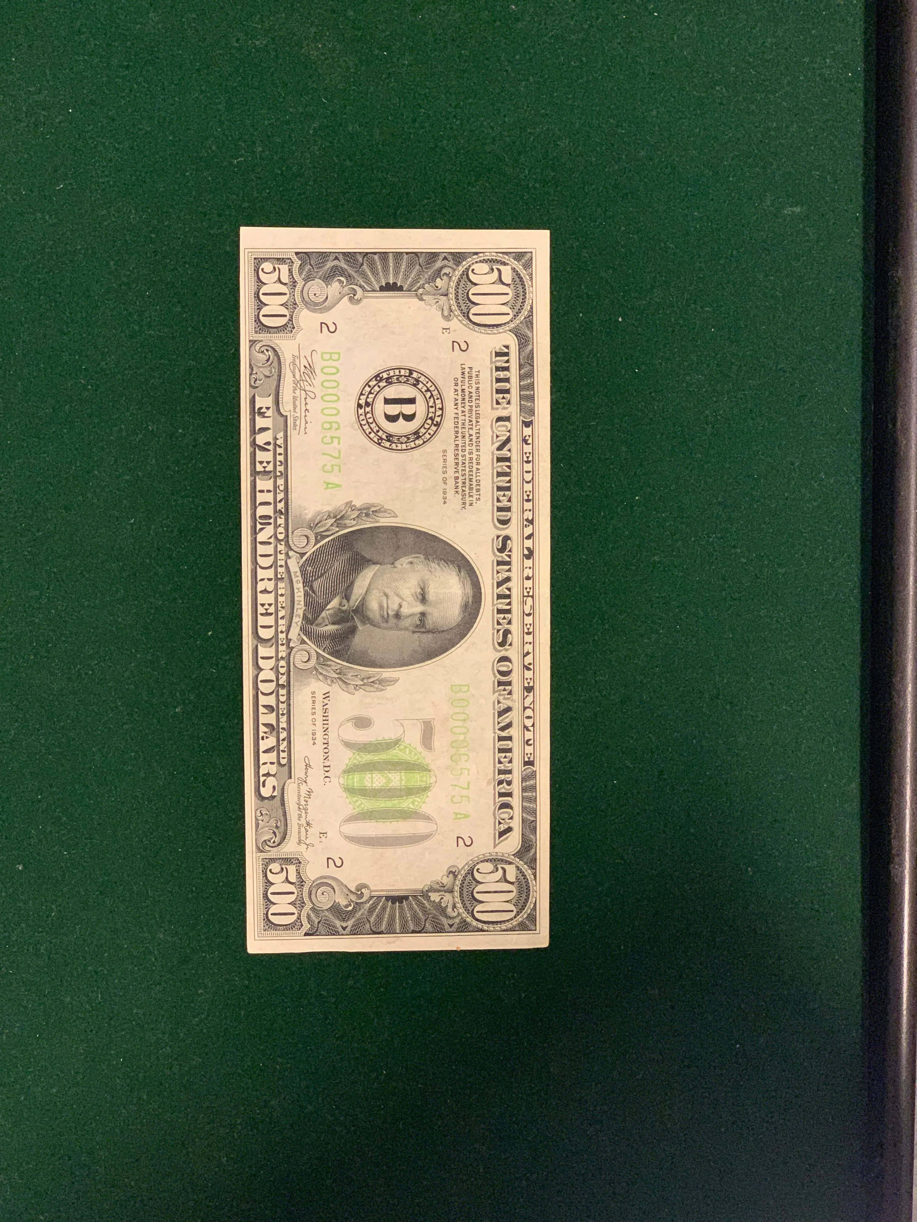 $500 US 1934 APPEARS AU, RARE! ONE OF THE HIGHEST DENOMINATIONS! $8K APR w/ COA!