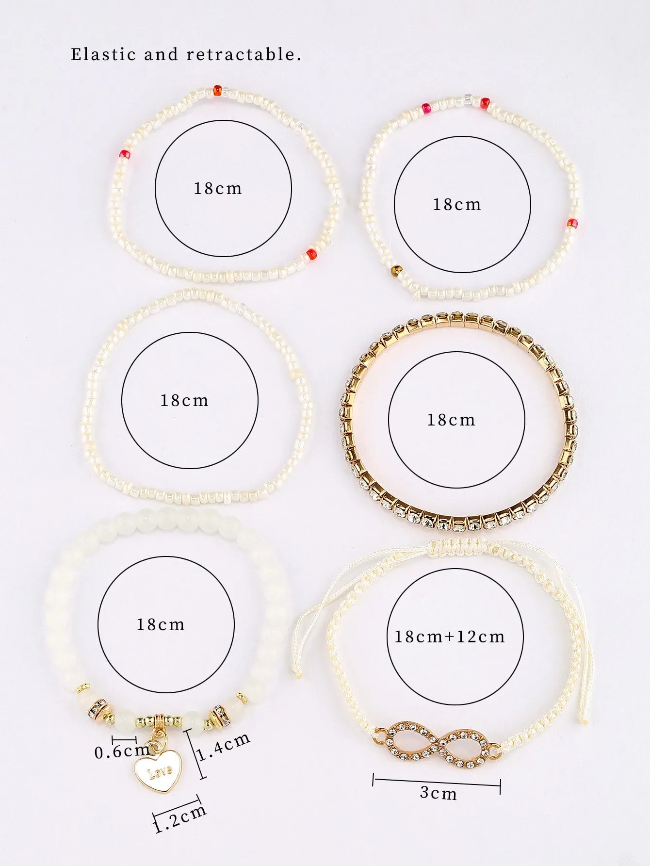 6pcs Heart Charm White Beaded Bracelet Women Bracelet Stackable Bracelet Crafted