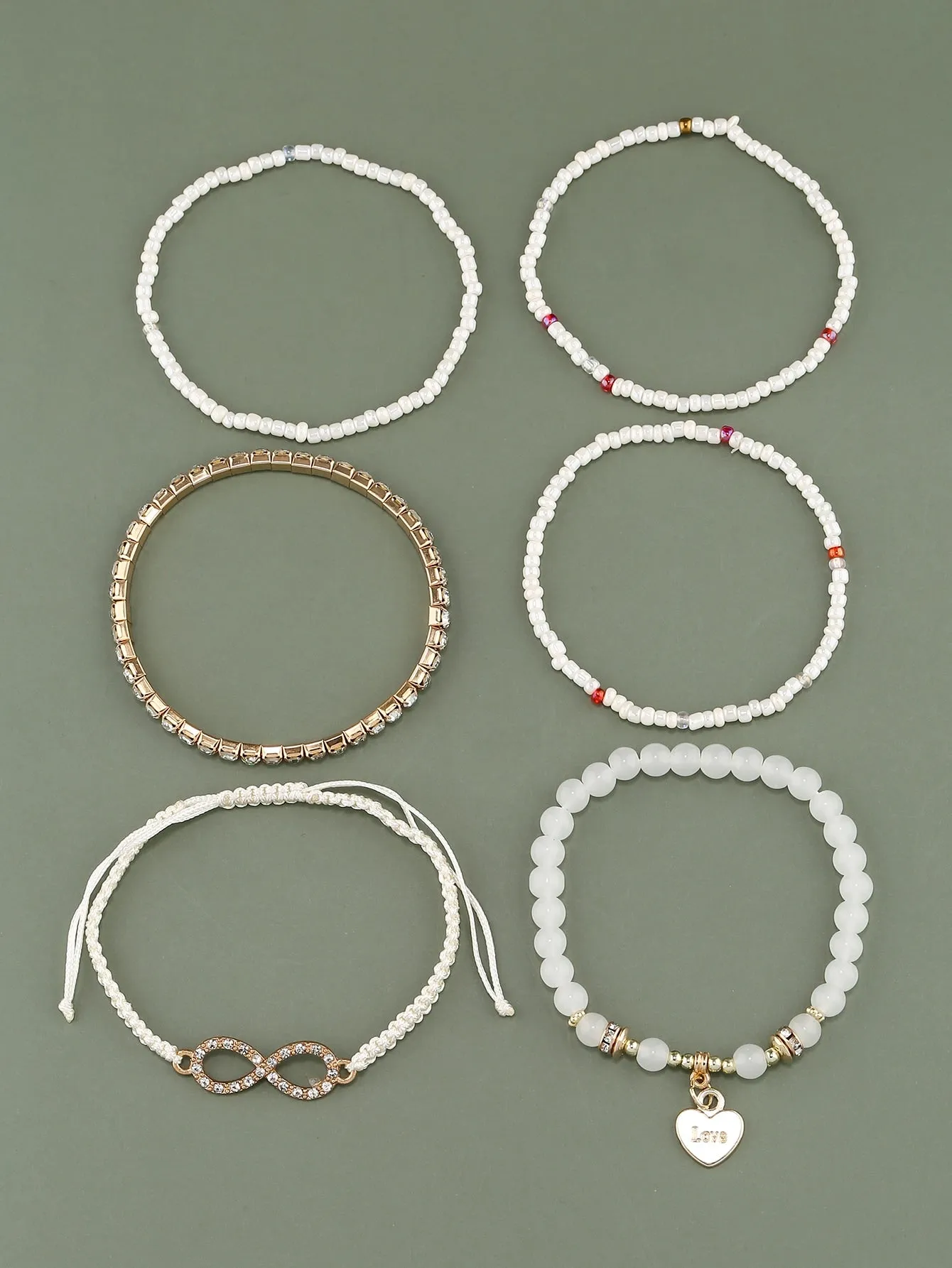 6pcs Heart Charm White Beaded Bracelet Women Bracelet Stackable Bracelet Crafted