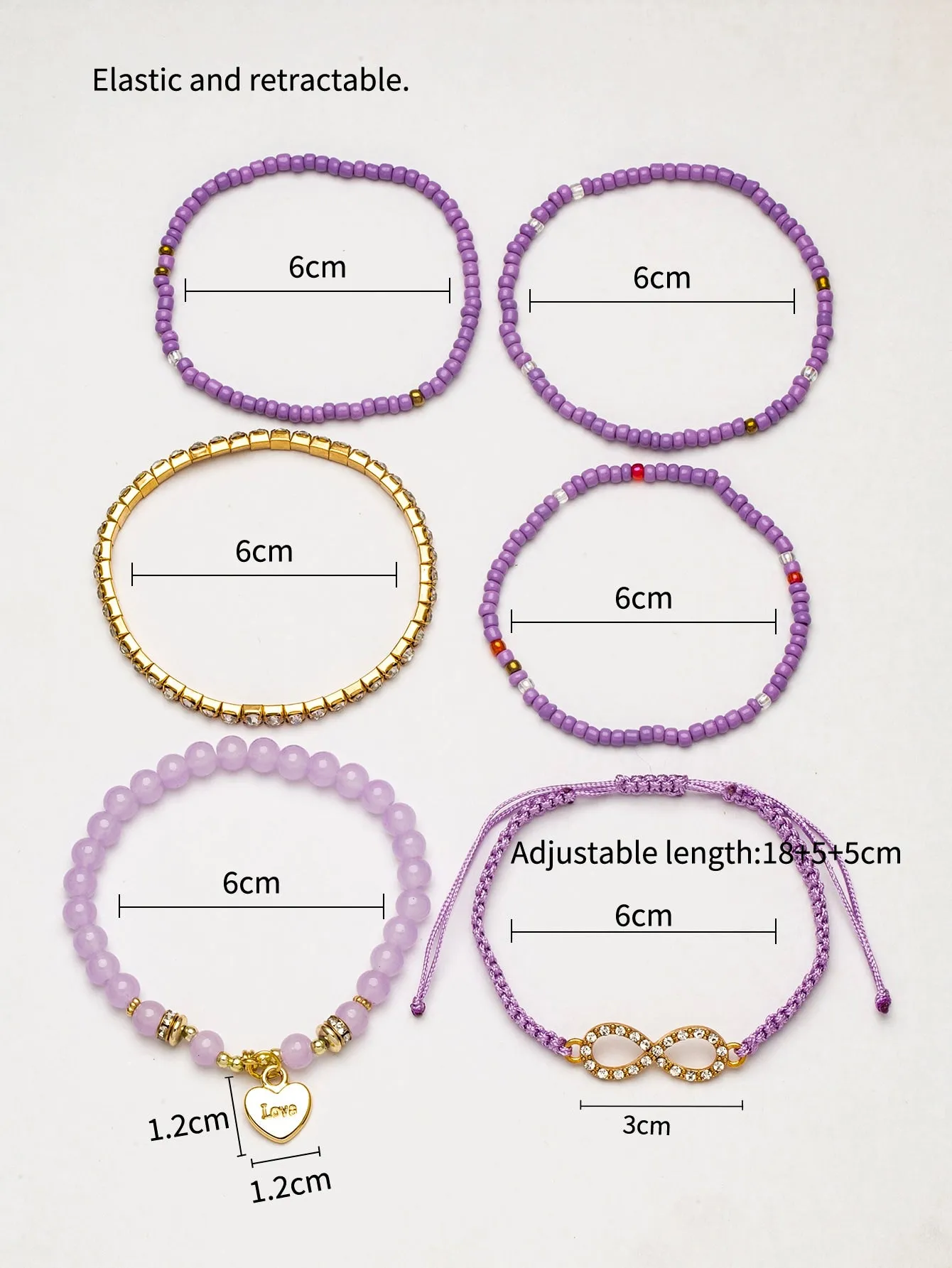 6pcs Heart Charm White Beaded Bracelet Women Bracelet Stackable Bracelet Crafted