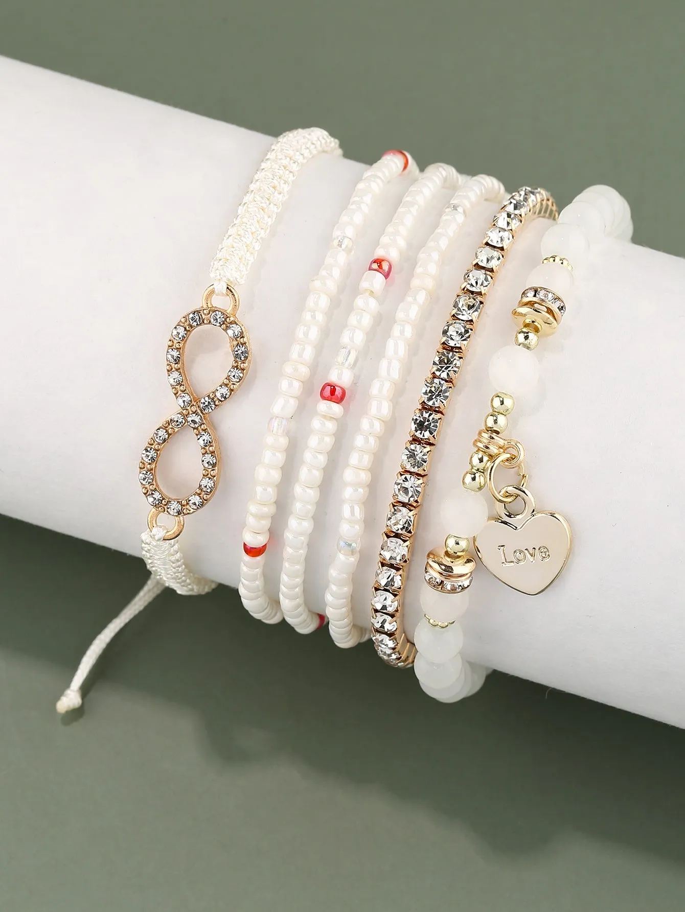 6pcs Heart Charm White Beaded Bracelet Women Bracelet Stackable Bracelet Crafted
