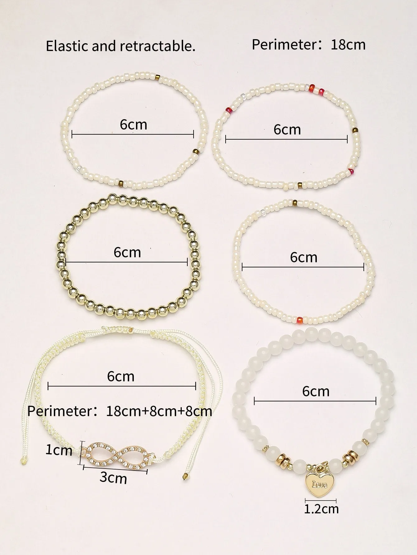 6pcs Heart Charm White Beaded Bracelet Women Bracelet Stackable Bracelet Crafted