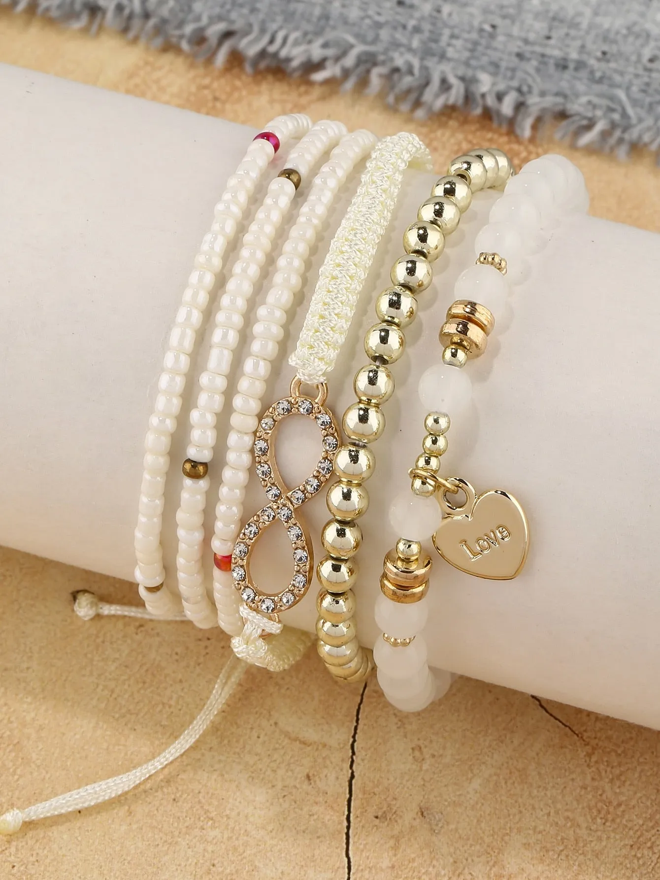 6pcs Heart Charm White Beaded Bracelet Women Bracelet Stackable Bracelet Crafted