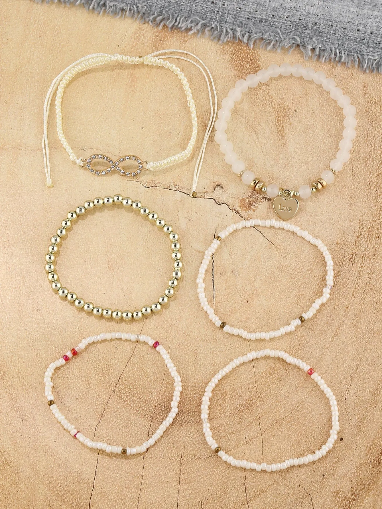 6pcs Heart Charm White Beaded Bracelet Women Bracelet Stackable Bracelet Crafted