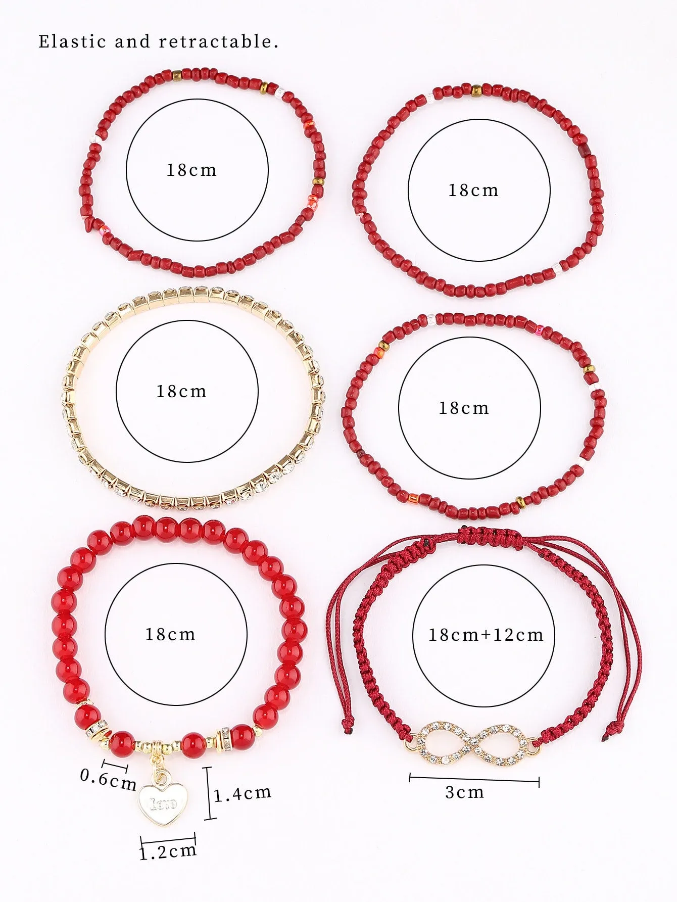 6pcs Heart Charm White Beaded Bracelet Women Bracelet Stackable Bracelet Crafted