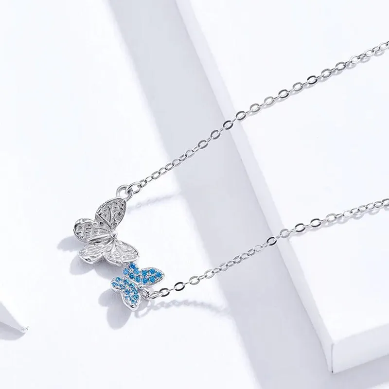 925 Sterling Silver Blue Zircon Flying Butterfly Necklace Women Birthday Gift Korean Style Fashion Jewelry Gift