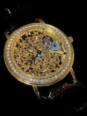 ALEXIS GARIN 18K Yellow Gold Skeleton Wristwatch w/ 55 Factory Diamond Bezel and 26 Factory Diamond Rotor! $100K Appraisal Value! ✓