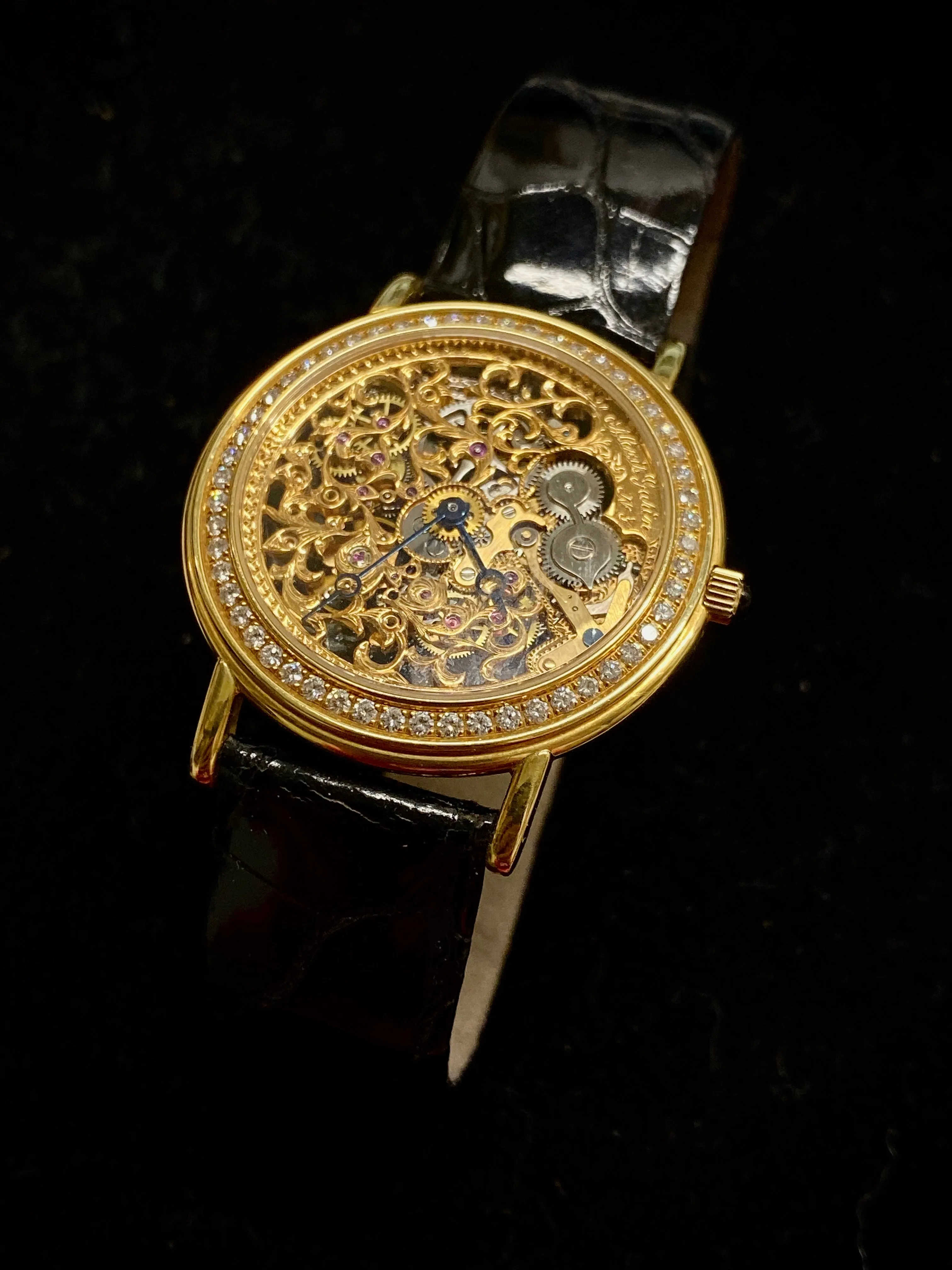 ALEXIS GARIN 18K Yellow Gold Skeleton Wristwatch w/ 55 Factory Diamond Bezel and 26 Factory Diamond Rotor! $100K Appraisal Value! ✓