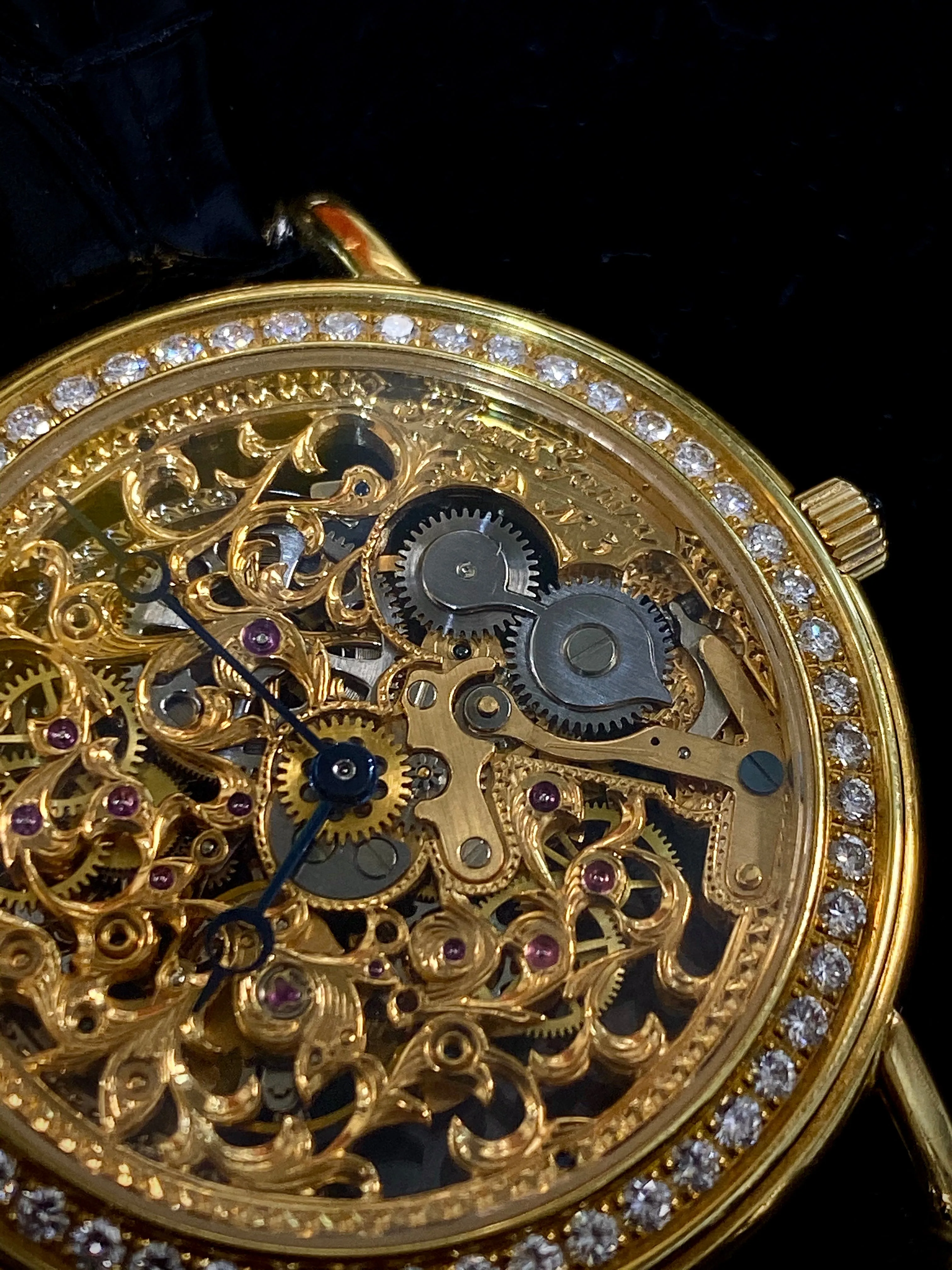 ALEXIS GARIN 18K Yellow Gold Skeleton Wristwatch w/ 55 Factory Diamond Bezel and 26 Factory Diamond Rotor! $100K Appraisal Value! ✓