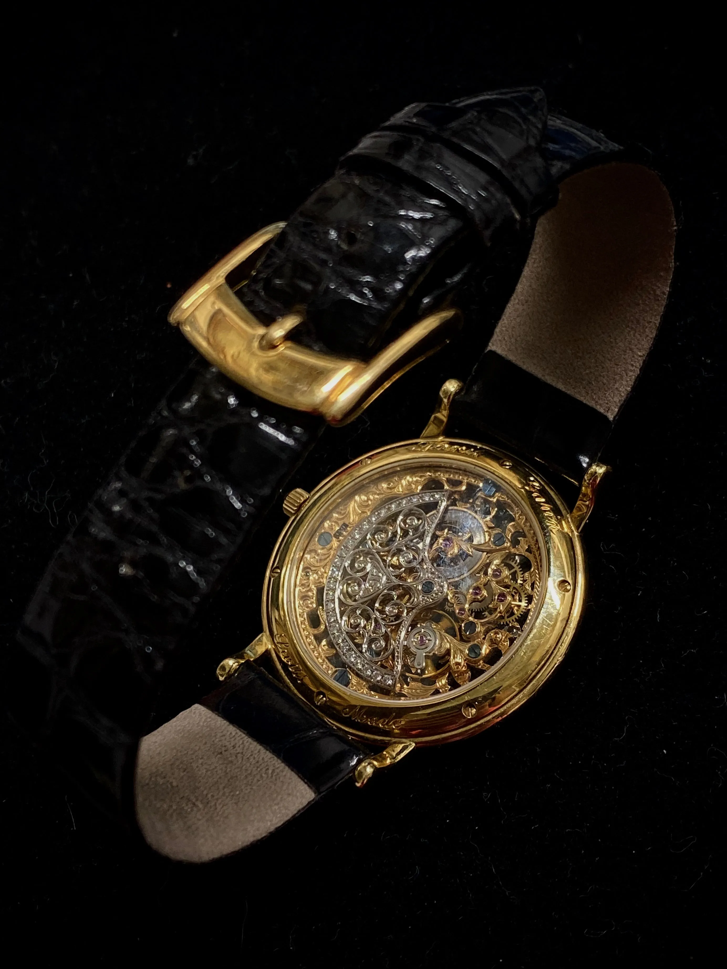 ALEXIS GARIN 18K Yellow Gold Skeleton Wristwatch w/ 55 Factory Diamond Bezel and 26 Factory Diamond Rotor! $100K Appraisal Value! ✓
