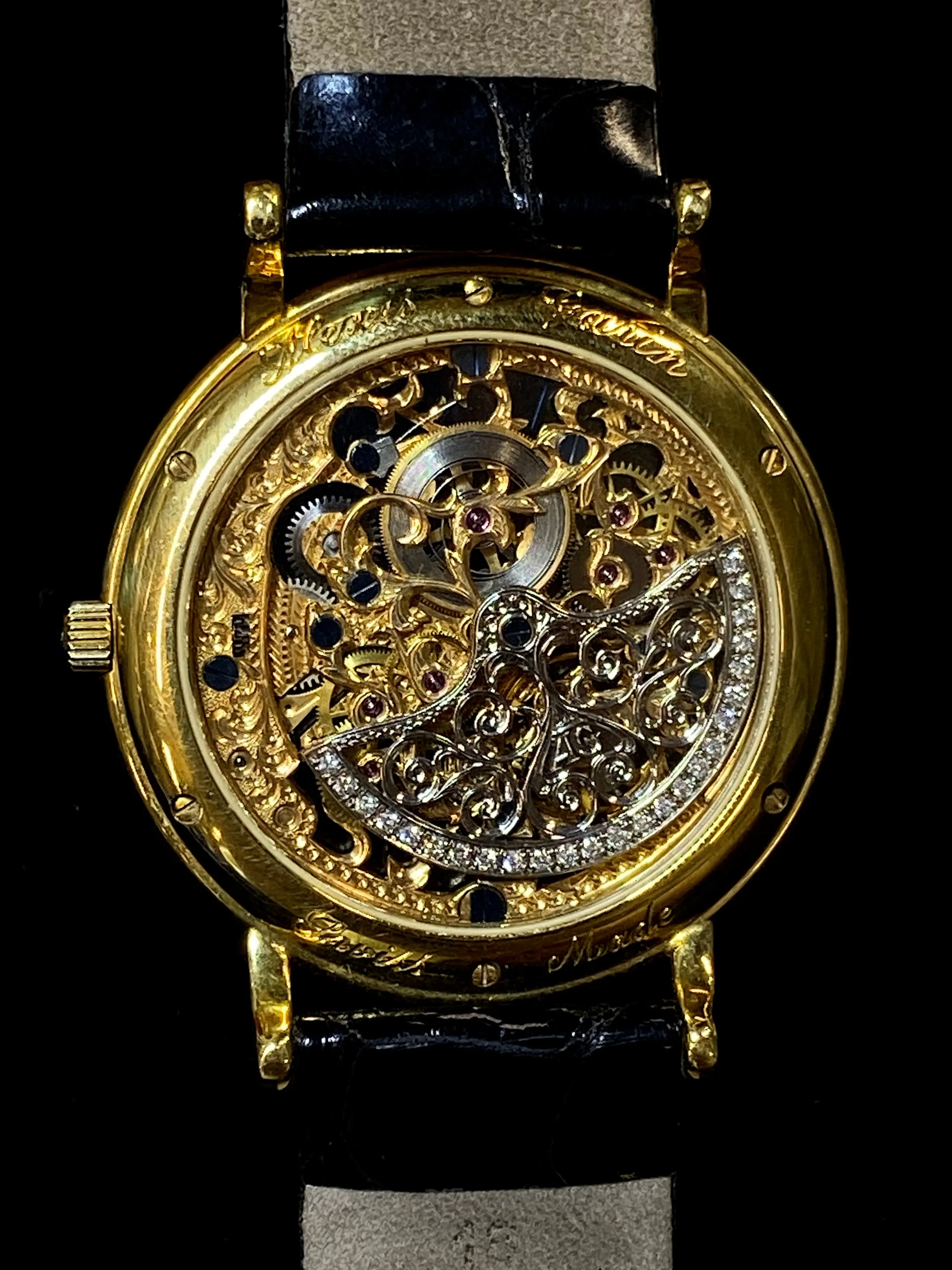 ALEXIS GARIN 18K Yellow Gold Skeleton Wristwatch w/ 55 Factory Diamond Bezel and 26 Factory Diamond Rotor! $100K Appraisal Value! ✓
