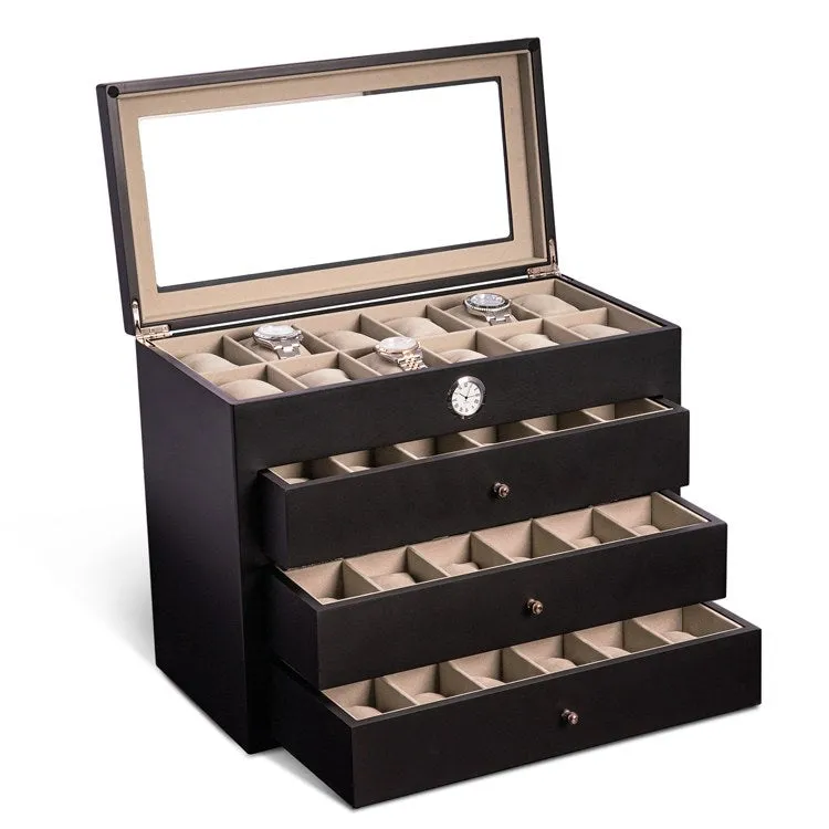 All In Time Wood 48-Watch Box with Quartz Movement Clock - Black