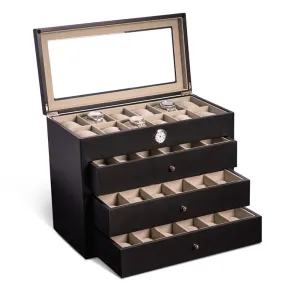 All In Time Wood 48-Watch Box with Quartz Movement Clock - Black