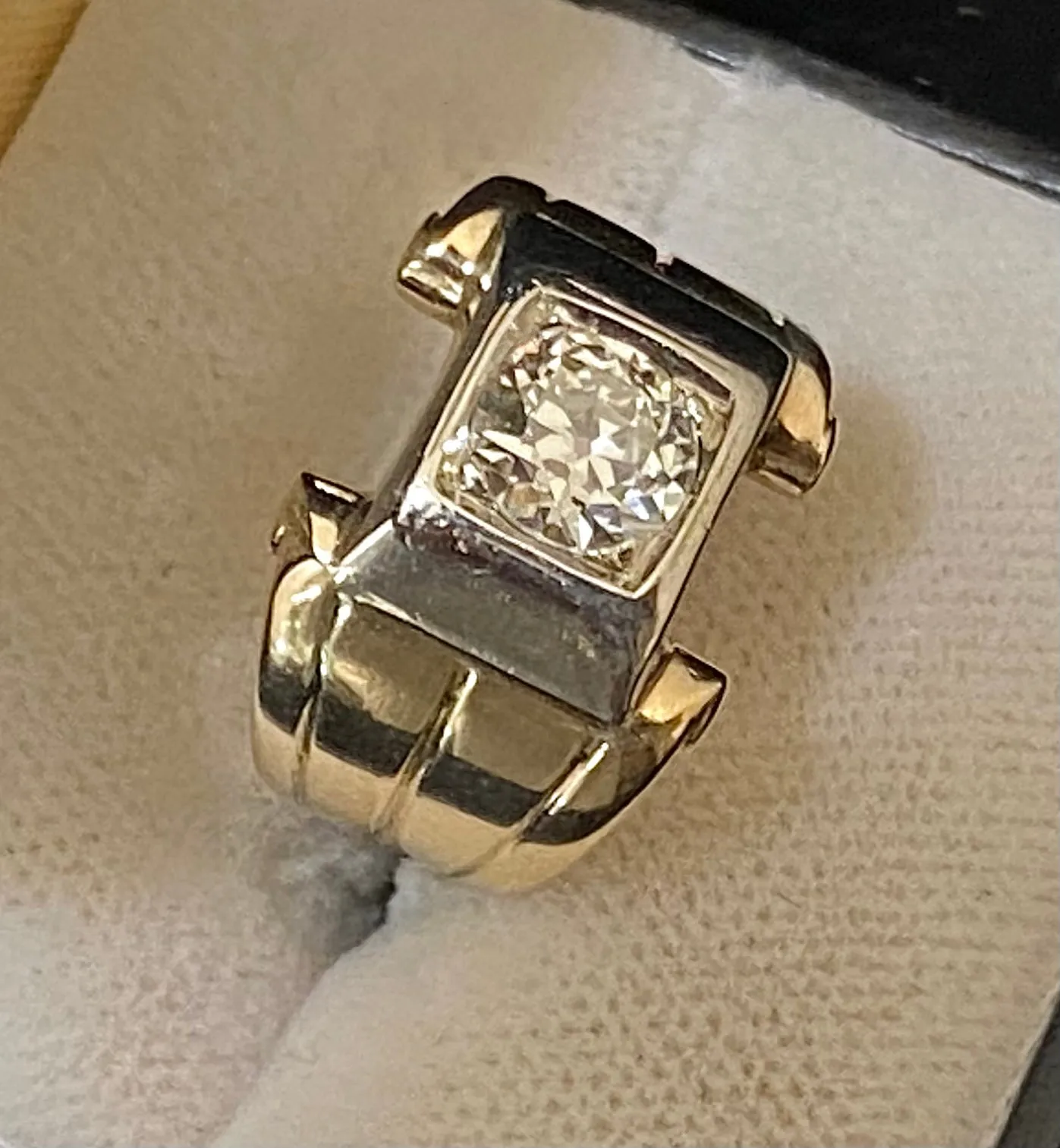 Antique Designer Solid Yellow Gold with Old Mine Diamond Flat-top Ring - $20K Appraisal Value w/CoA}