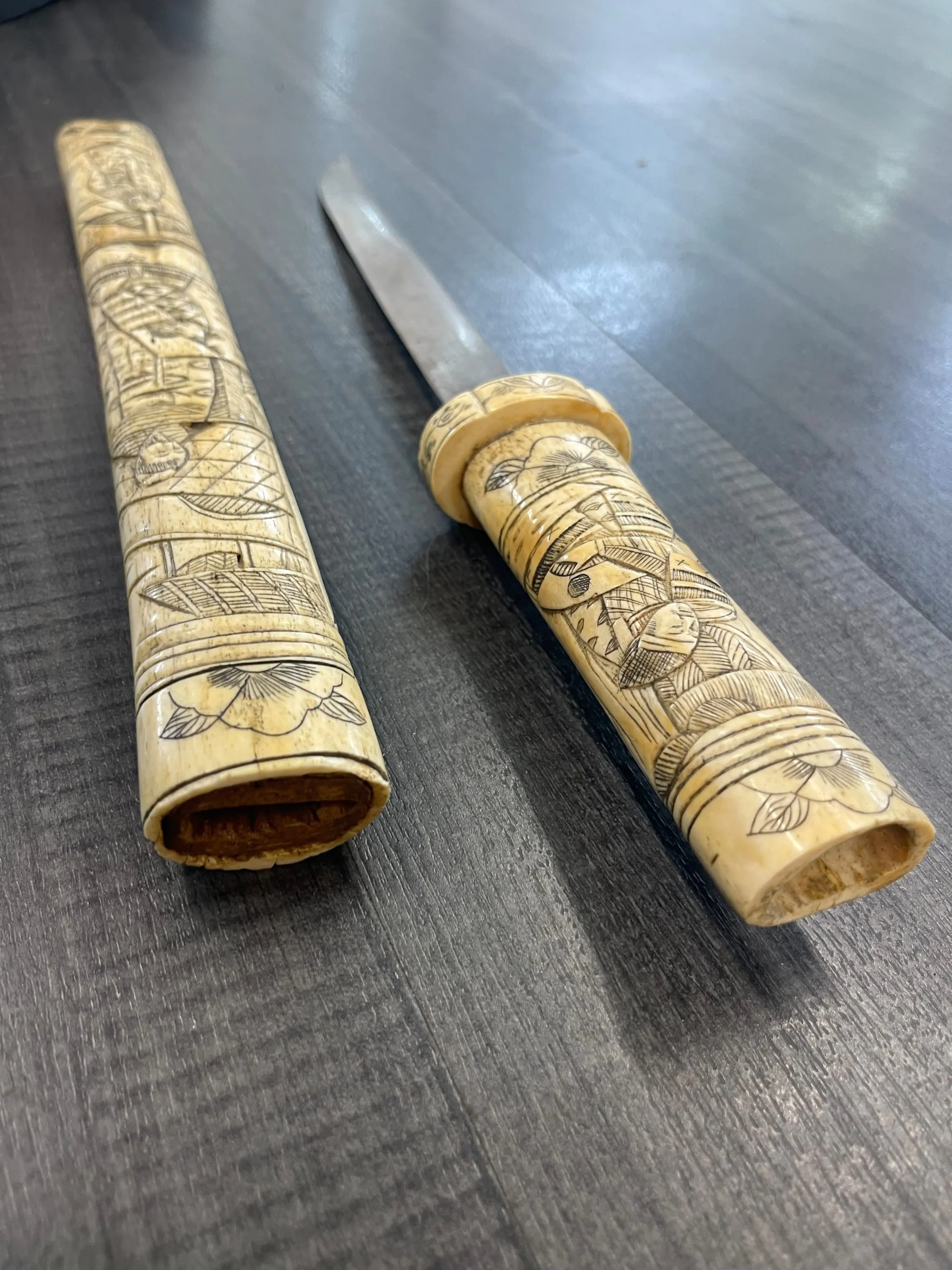 Authentic 19/20th Century Handmade Carved Bone / Ivory Dagger Sword - $8K Appraisal Value!