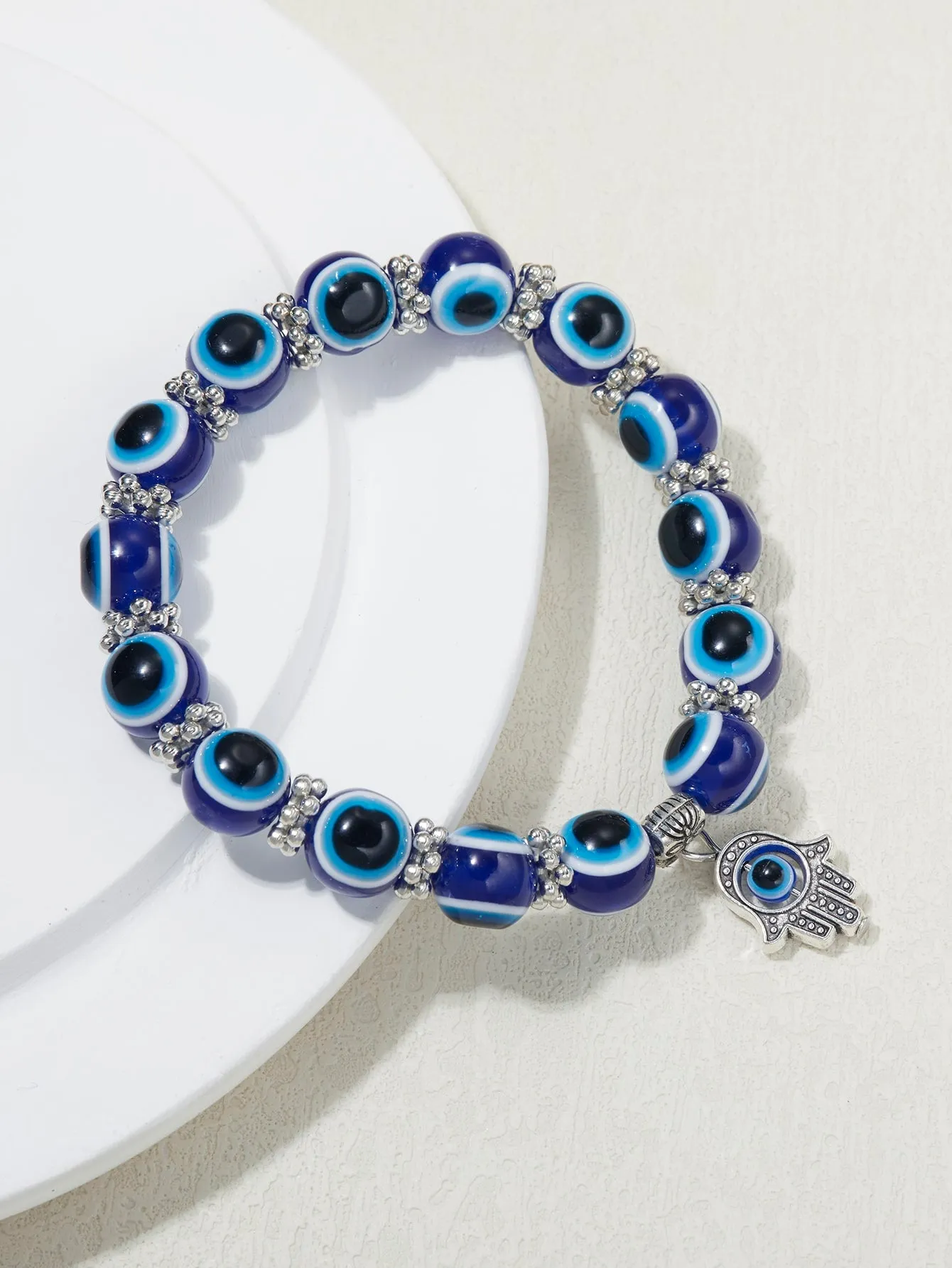 Blue Evil Eye Detail Hamsa Hand Charm Beaded Bracelet for Women Crafted Jewelry
