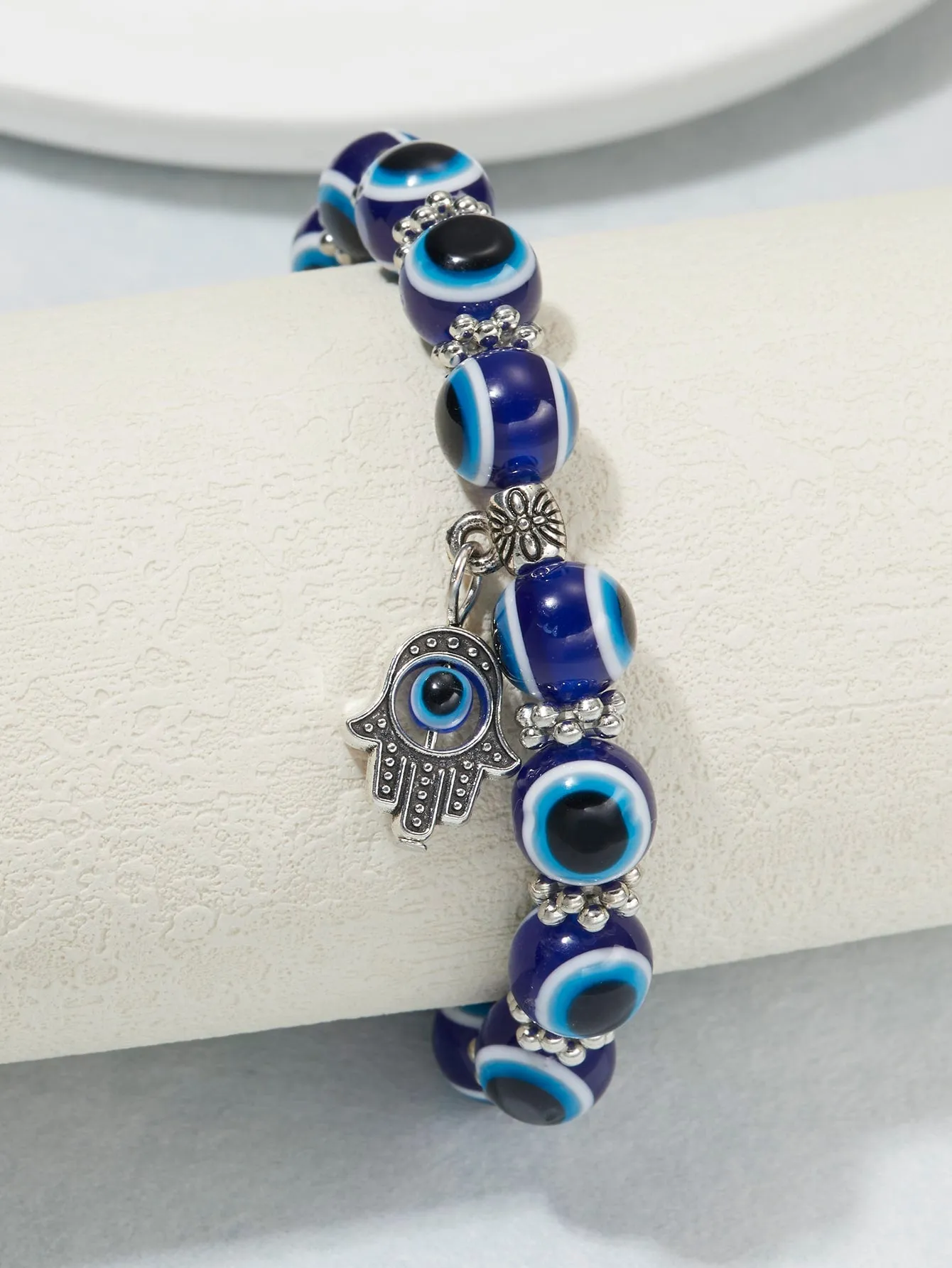 Blue Evil Eye Detail Hamsa Hand Charm Beaded Bracelet for Women Crafted Jewelry