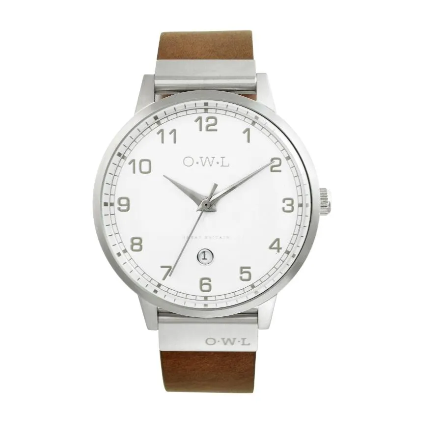 BRANCASTER WATCH WITH SILVER CASE, WHITE DIAL & DISTRESSED LEATHER STRAP