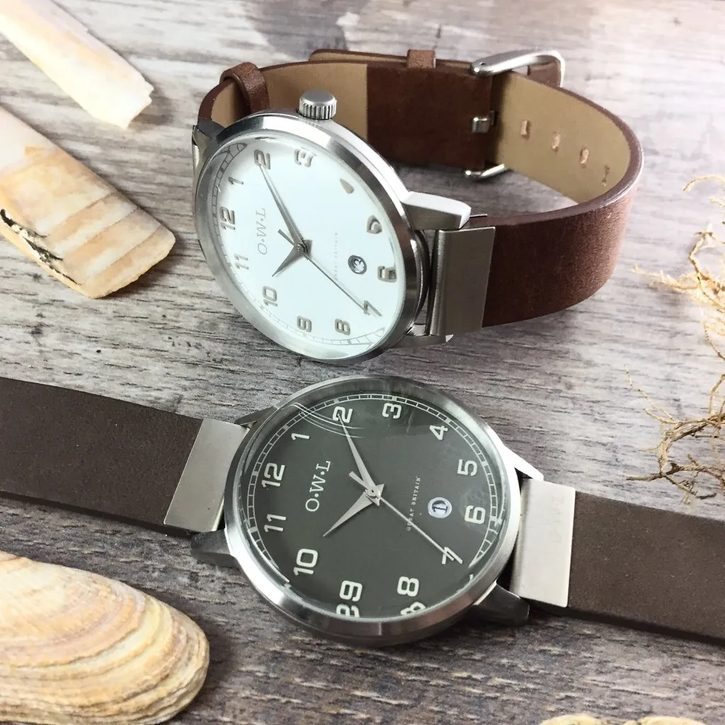 BRANCASTER WATCH WITH SILVER CASE, WHITE DIAL & DISTRESSED LEATHER STRAP