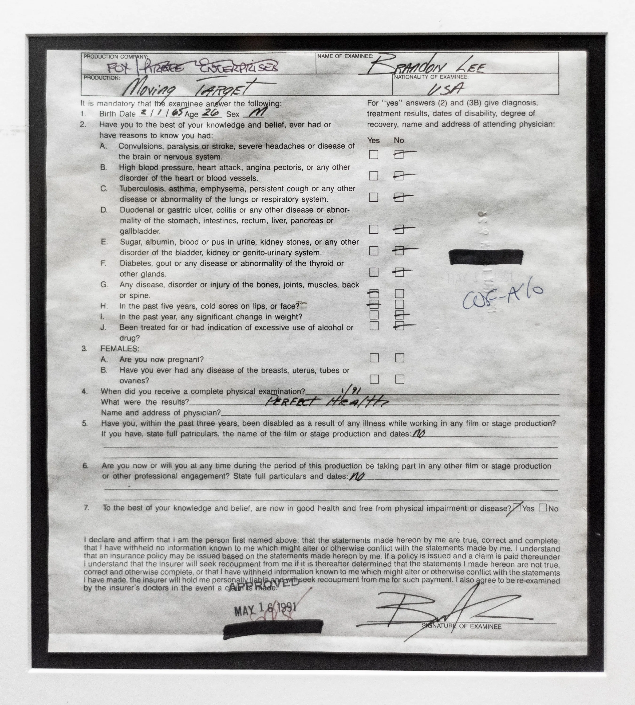 BRANDON LEE  "Moving Target" C.1991 Signed Bill Of Health- $30K APR w/ CoA!