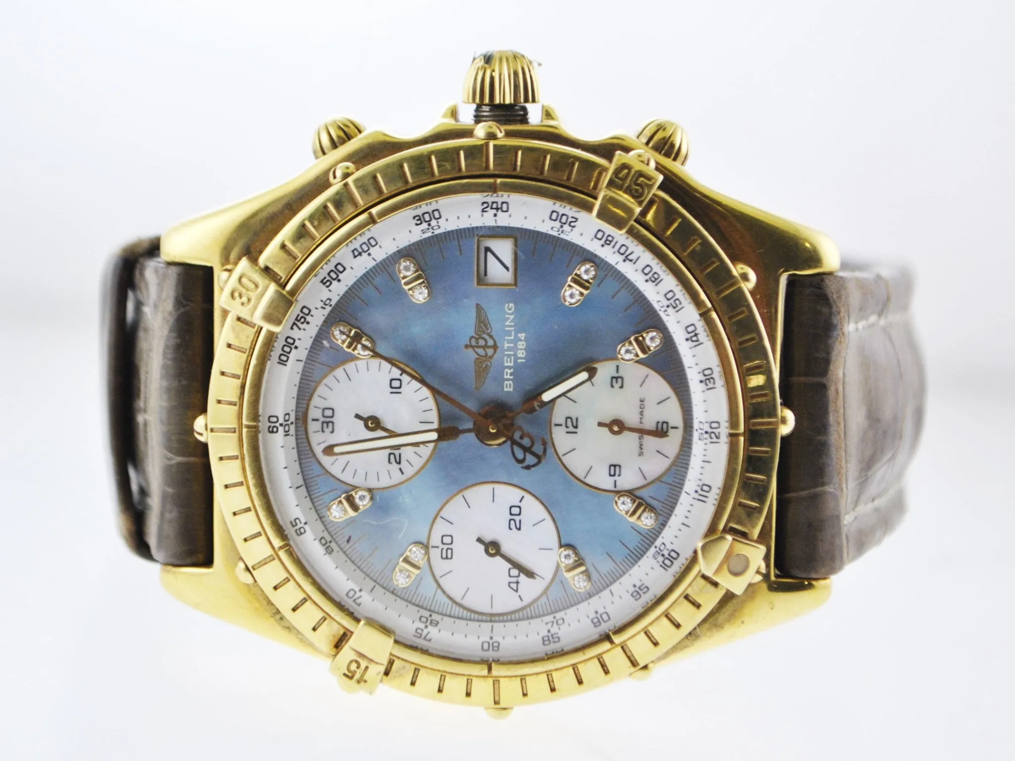 BREITLING 18K Yellow Gold Chronograph Wristwatch w/ Special Blue Mother of Pearl & Diamond Dial - $35K VALUE