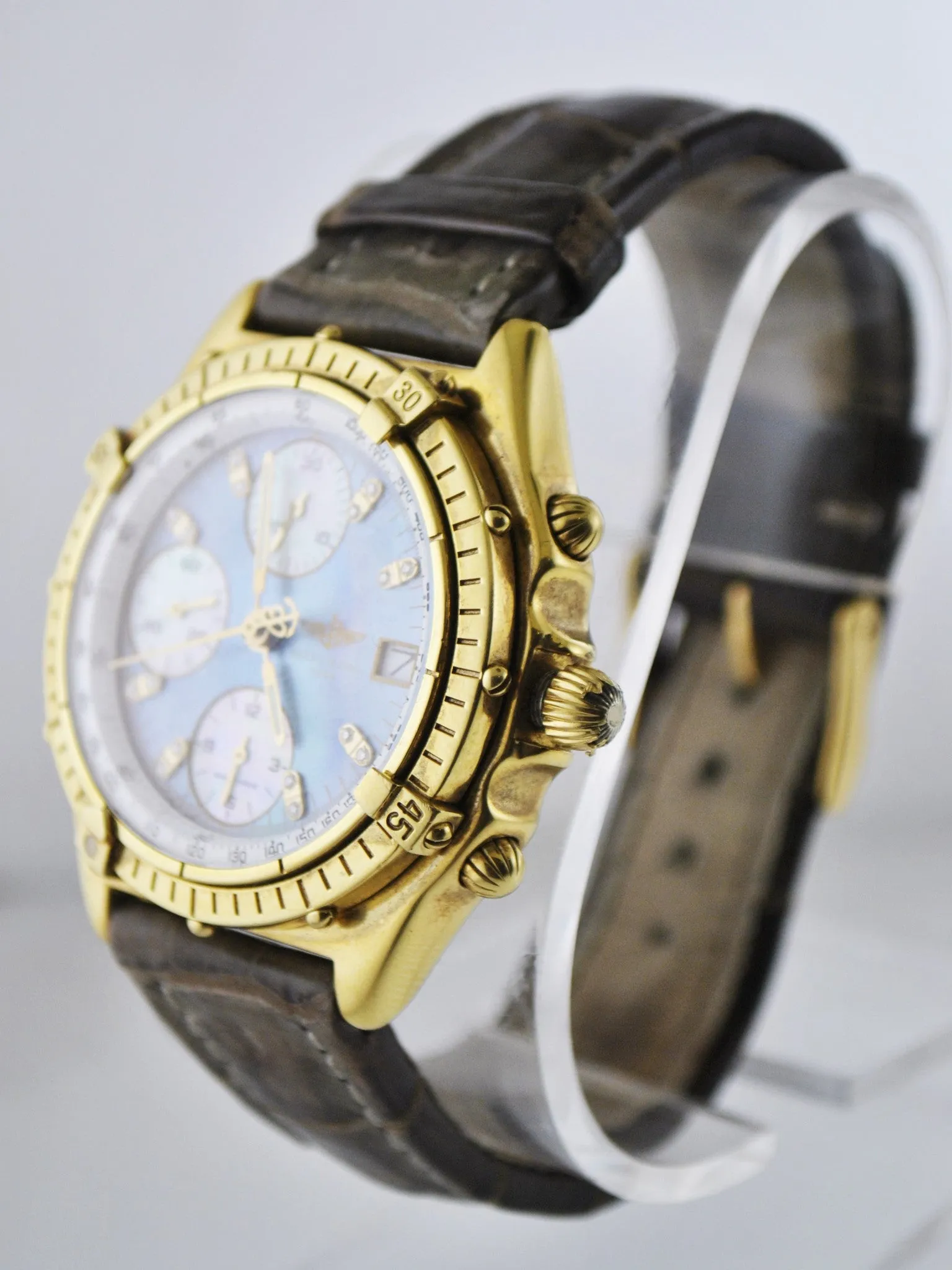 BREITLING 18K Yellow Gold Chronograph Wristwatch w/ Special Blue Mother of Pearl & Diamond Dial - $35K VALUE