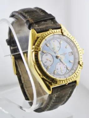 BREITLING 18K Yellow Gold Chronograph Wristwatch w/ Special Blue Mother of Pearl & Diamond Dial - $35K VALUE