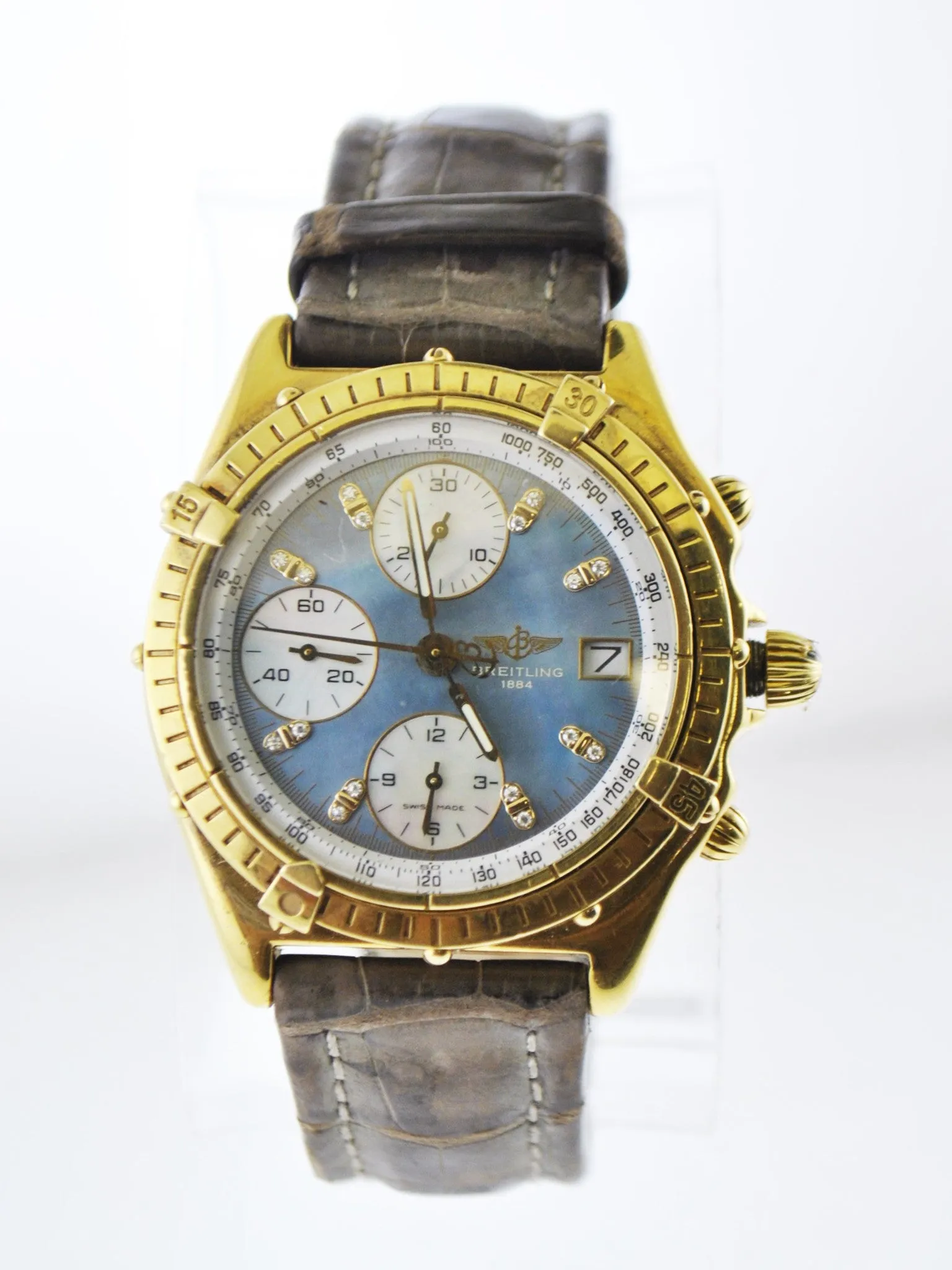 BREITLING 18K Yellow Gold Chronograph Wristwatch w/ Special Blue Mother of Pearl & Diamond Dial - $35K VALUE