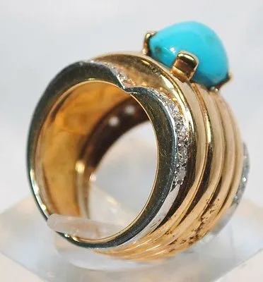 BVLGARI 1970s Vintage 4 Carat Turquoise & Diamond Ring in 18K Gold - $15K VALUE