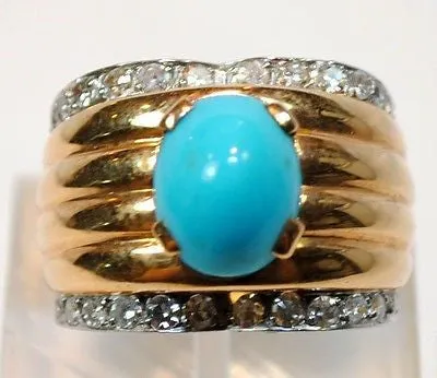 BVLGARI 1970s Vintage 4 Carat Turquoise & Diamond Ring in 18K Gold - $15K VALUE