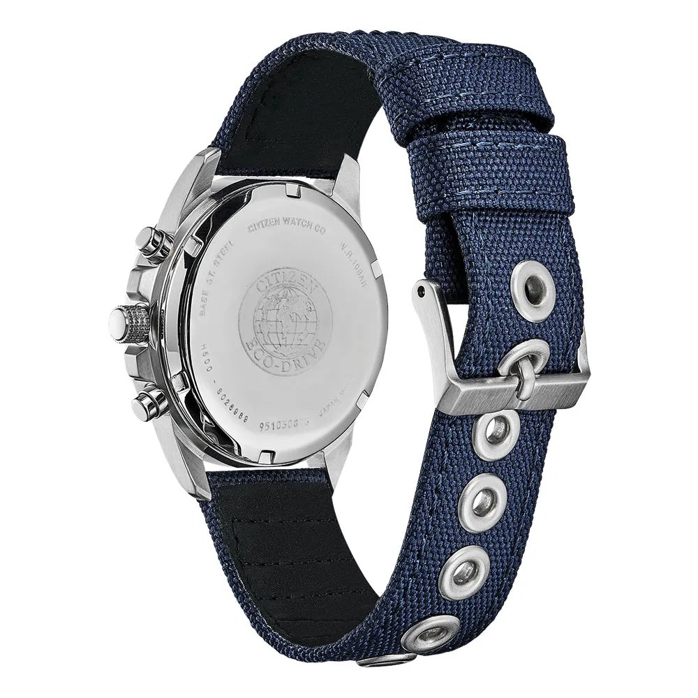 Citizen Military Eco-Drive Chronograph Mens Blue Nylon Band Blue Quartz Dial Watch - AT0200-21L