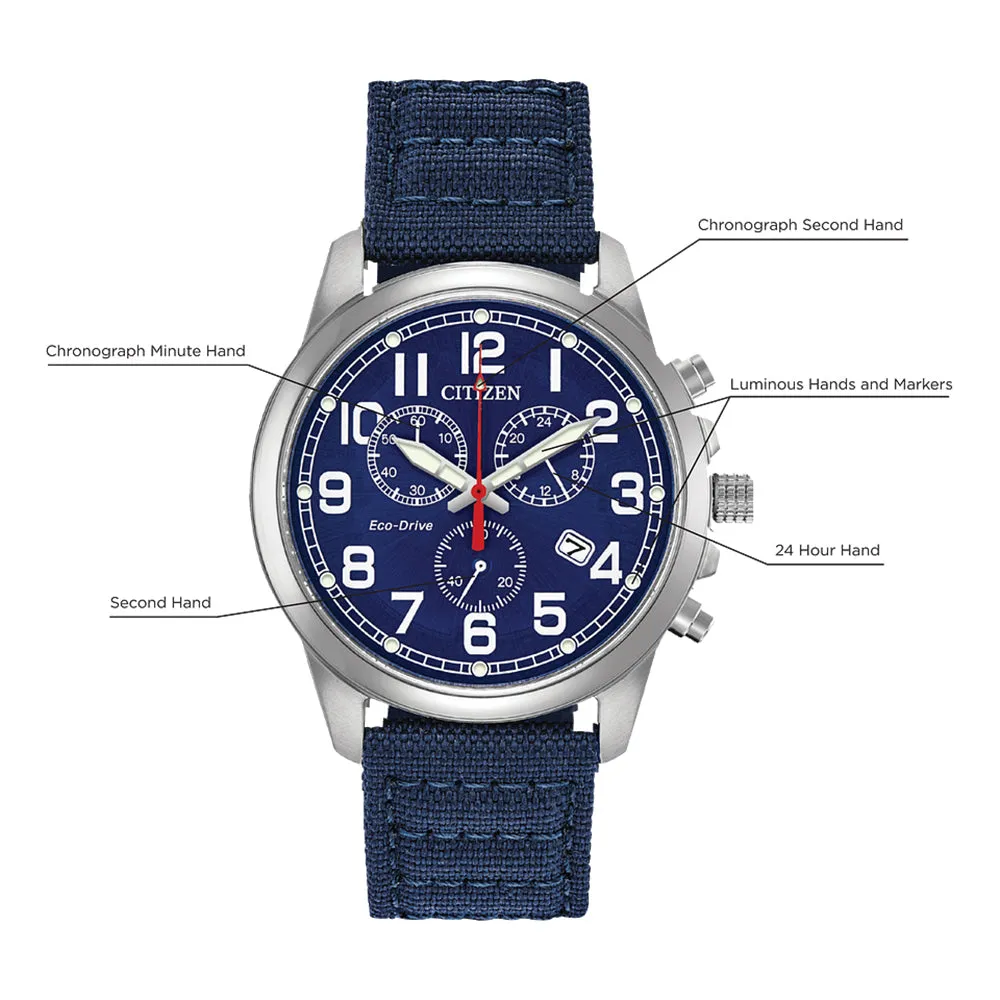 Citizen Military Eco-Drive Chronograph Mens Blue Nylon Band Blue Quartz Dial Watch - AT0200-21L