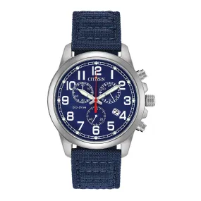 Citizen Military Eco-Drive Chronograph Mens Blue Nylon Band Blue Quartz Dial Watch - AT0200-21L